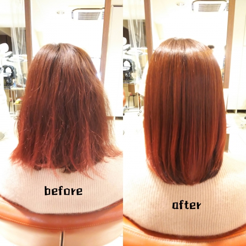 髪質改善酸熱トリートメント、ハホニコラメラメトリートメント ブリーチ毛 美髪