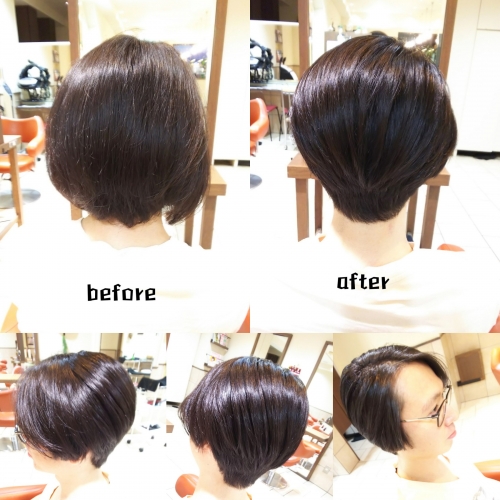 伸びて重くなってしまった髪を襟足スッキリな前下がりショートボブに☆