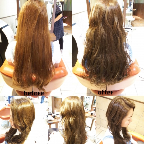 退色して赤味が出てしまった髪色をカーキアッシュにカラー☆