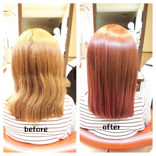 髪が固くまとまりにくい髪も髪質改善メニューで毛先まで柔らかくまとまる美髪に☆