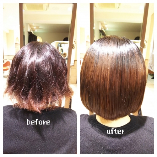 癖でまとまりにくい髪を髪質改善酸熱トリートメントとラメラメトリートメントで艶髪に☆